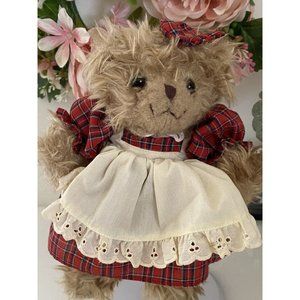 Russ Berrie Brittany Jr. Brown Plush 8"‎ Bear Stuffed Animal Plaid Dress Vintage